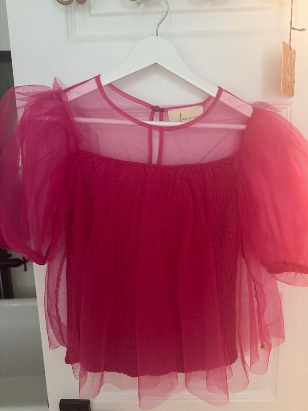 NWT By Anthropologie Sheer Puff-Sleeve Top XXS Hot Pink Magenta Mesh Smocked $98